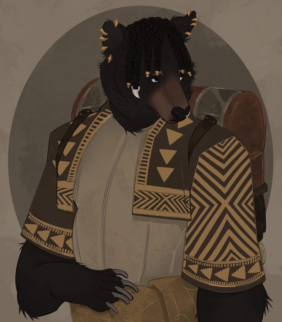 A black bear named Abstrus (he/they) dressed in intricate patterned clothing with golden jewelry and a twists hairstyle. They wear a large traveler's pack.